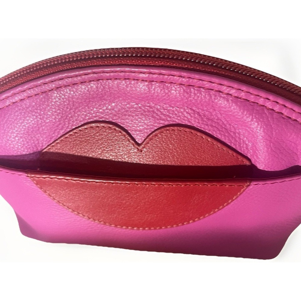 ILI New York NWT Women's Fuchsia Leather Cosmetic Pouch Red Lips‎ Makeup Bag